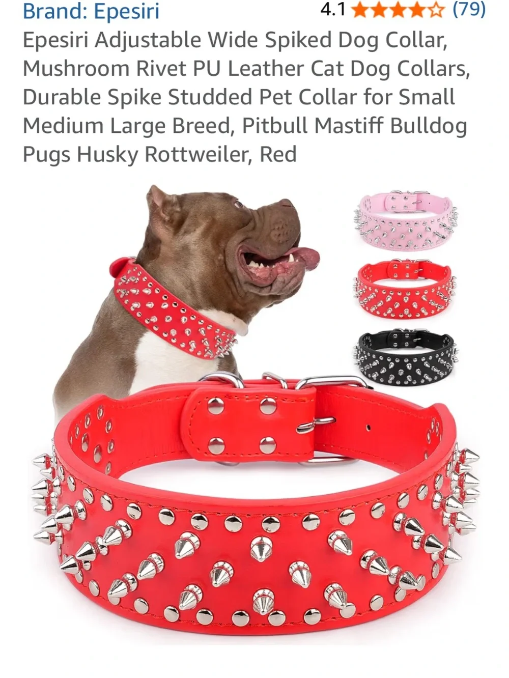 New Red Spiked PU Leather Dog Collar - Adjustable Studded Pet Collary- 16”-19”.